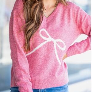 Pink Lily V-Neck Sweater with Bow Accent